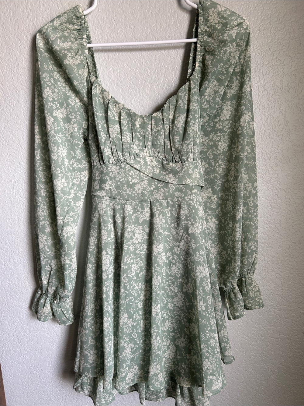 Sage Green Floral Long-Sleeve Fit & Flare Dress